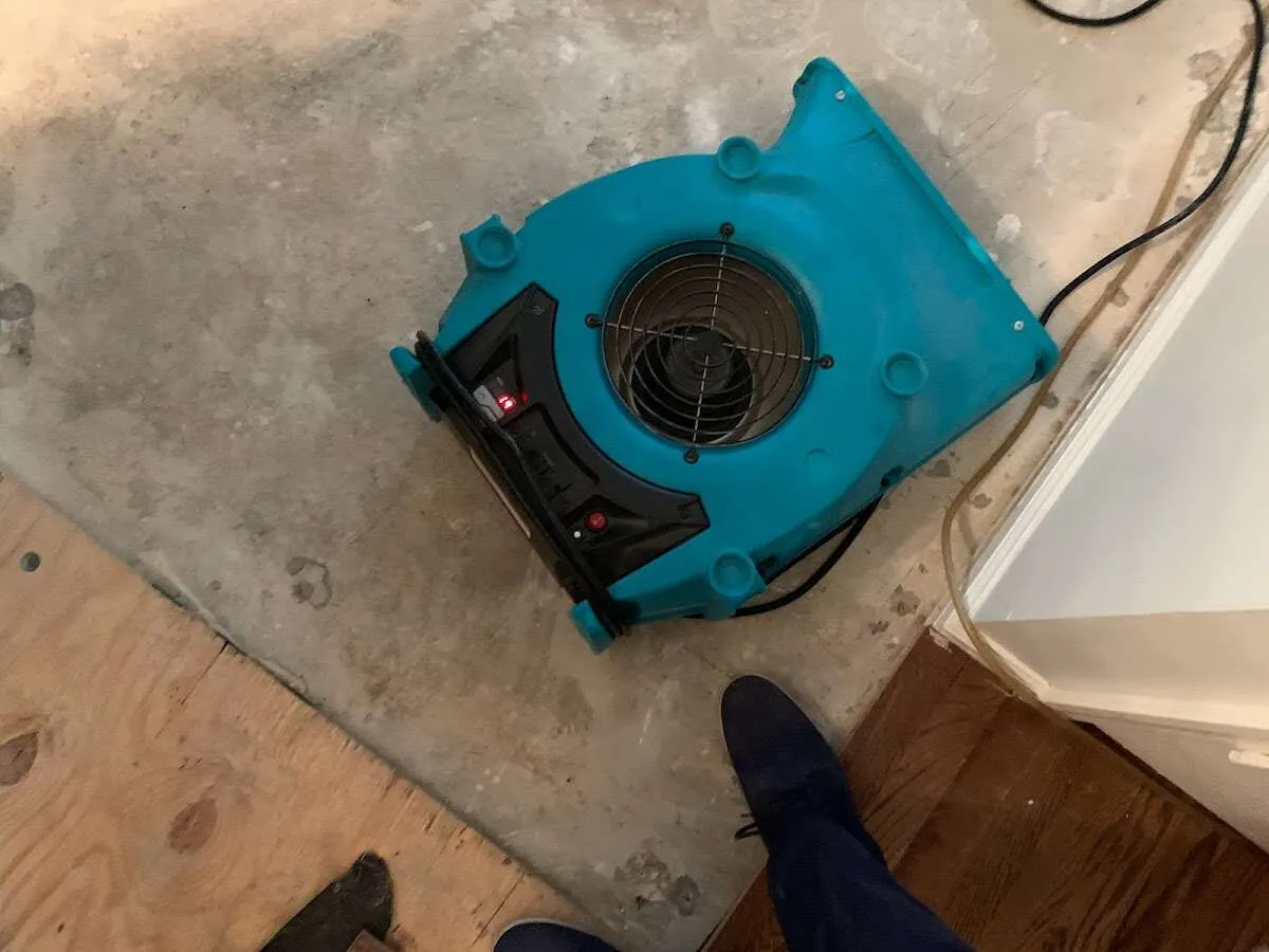 Air mover drying subfloor during Commercial Water Damage Restoration in Carterville